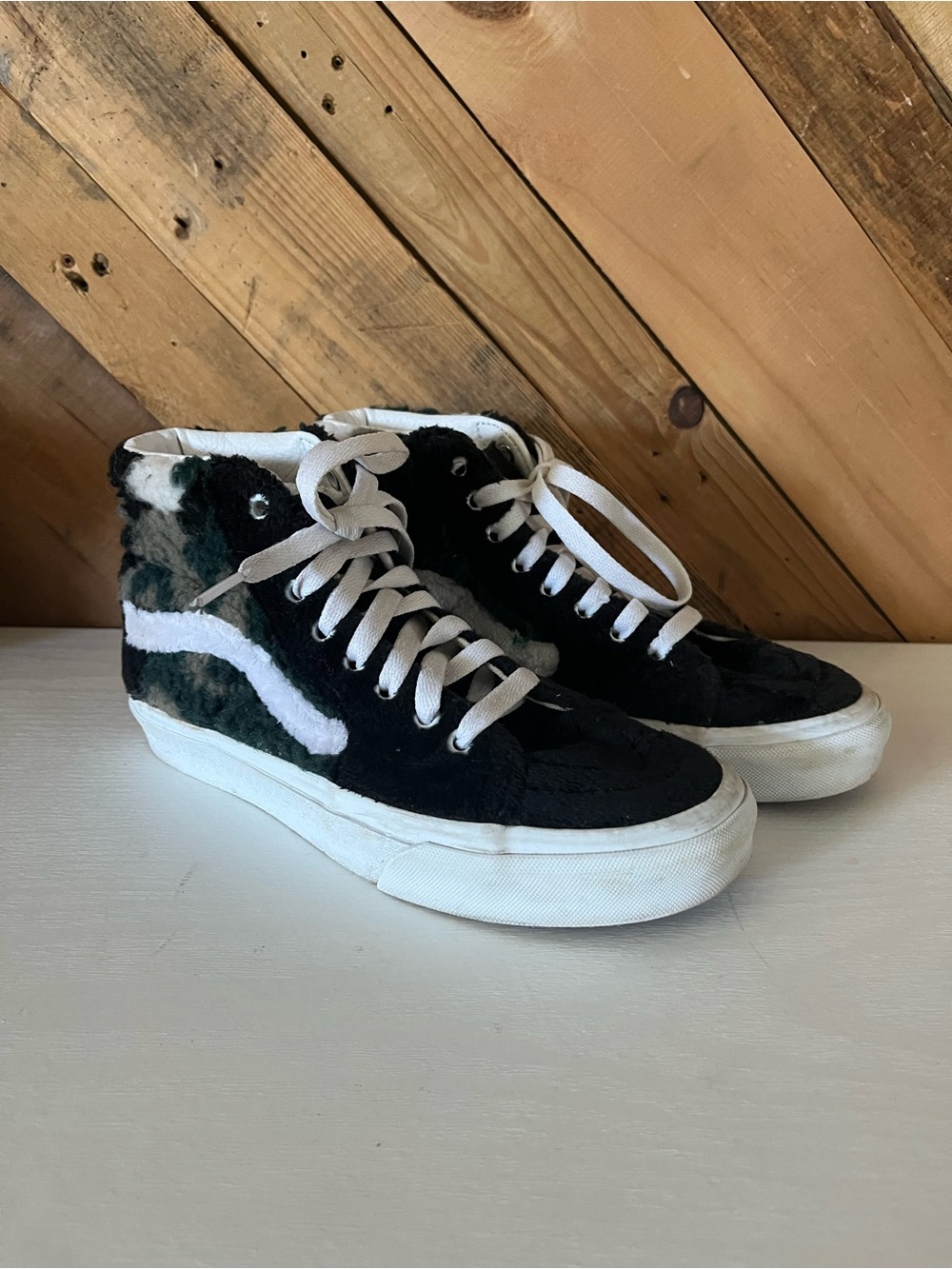 Vans Black & White High-Top Faux Fur Sneakers